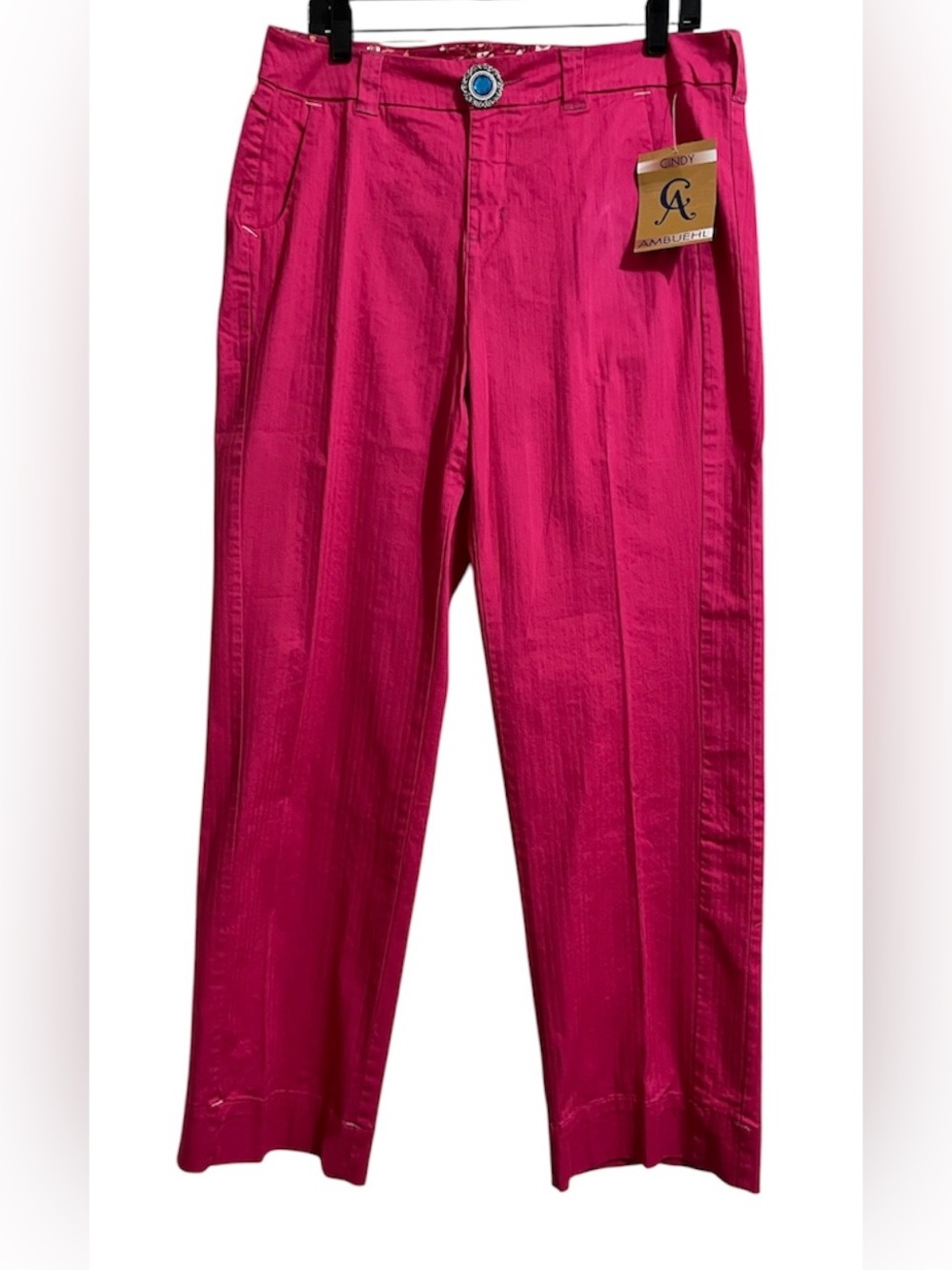 NWT Women’s Boot Cut Pink Pants with White Stitching Blue Jeweled Button 16